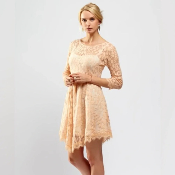 FREE‎ PEOPLE NWOT Floral Mesh Lace Dress in Peach - Picture 1 of 15